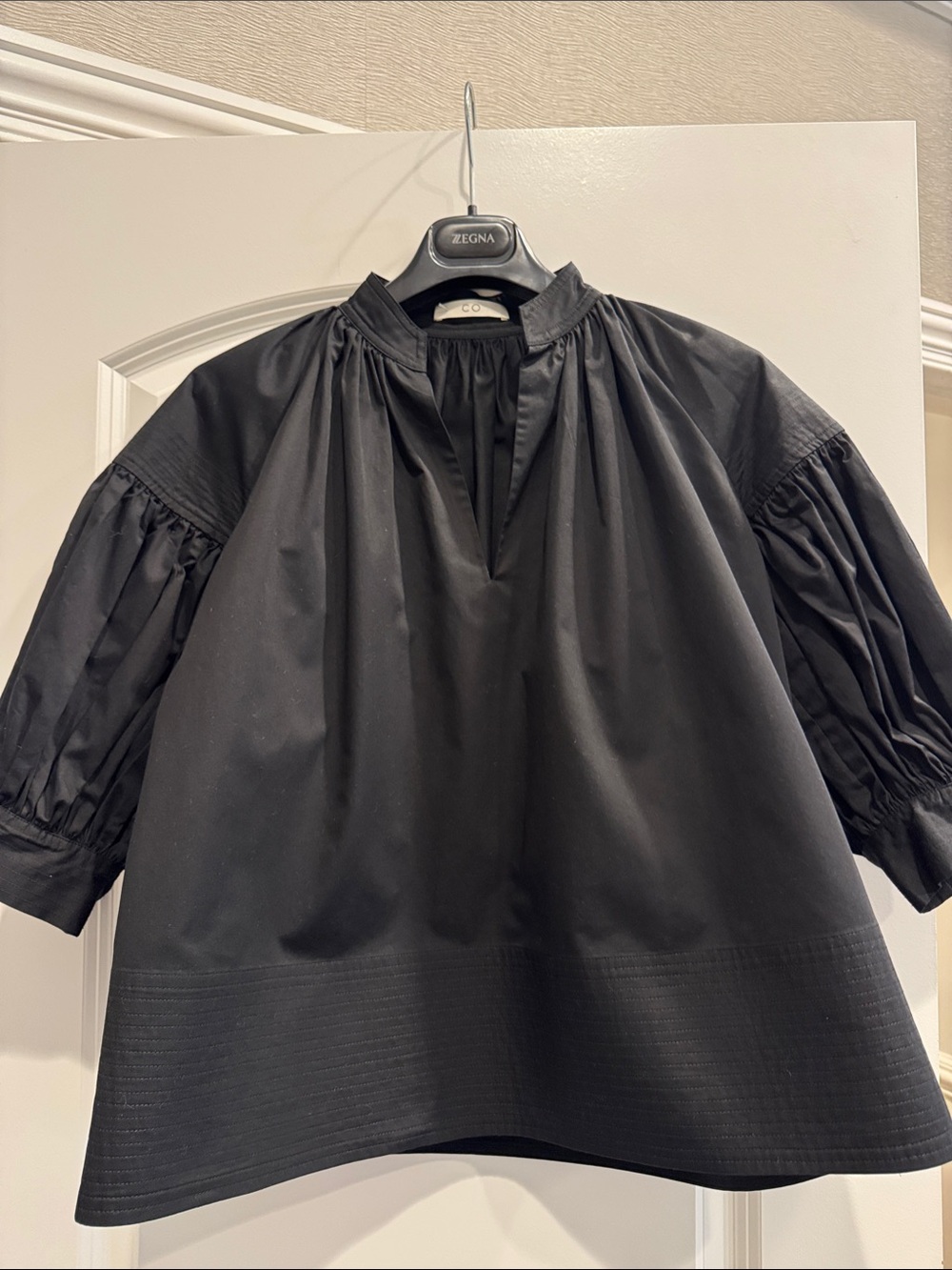 CO Black Short-Sleeve Popover Shirt with Mandarin Collar